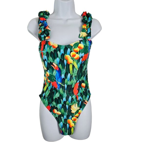 Spolrike Womens Tropical Floral One-Piece Swimsuit Ruffled Straps Medium Beach - Picture 4 of 12
